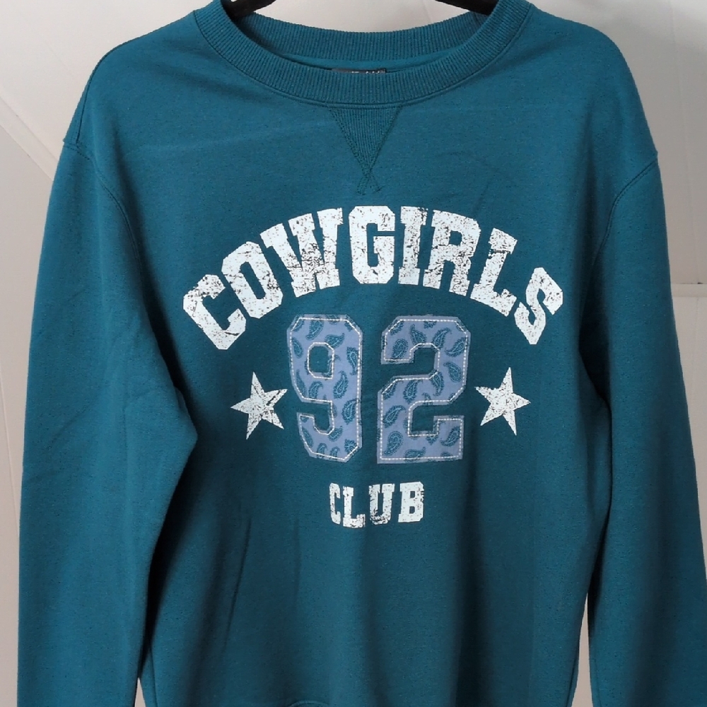 Cowgirls Club Teal Crew Neck Sweatshirt.